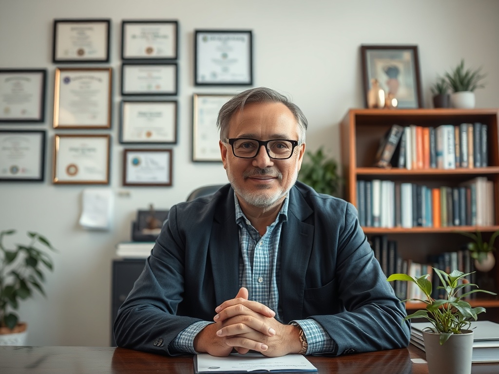 Мужчина средних лет в очках сидит за столом в офисе, уютная обстановка с книгами и растениями вокруг.