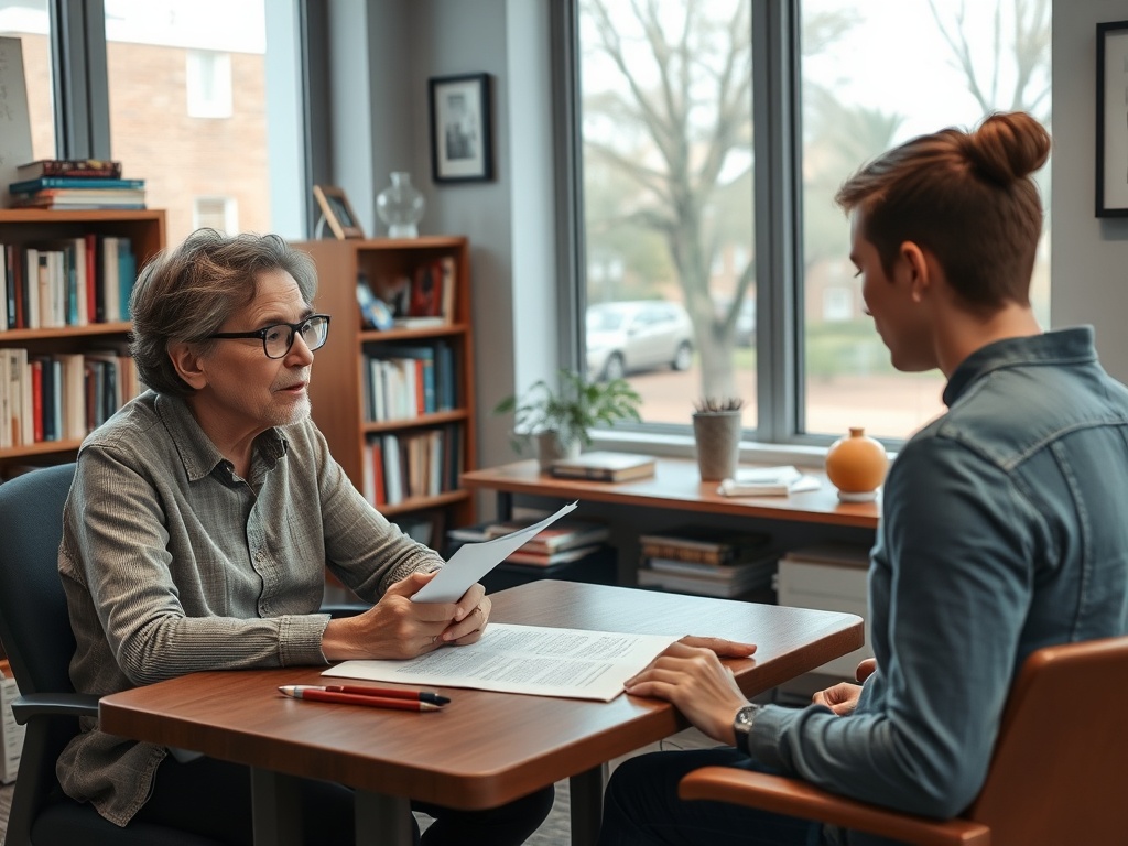Старший человек обсуждает документы с молодым человеком за столом в светлом кабинете.