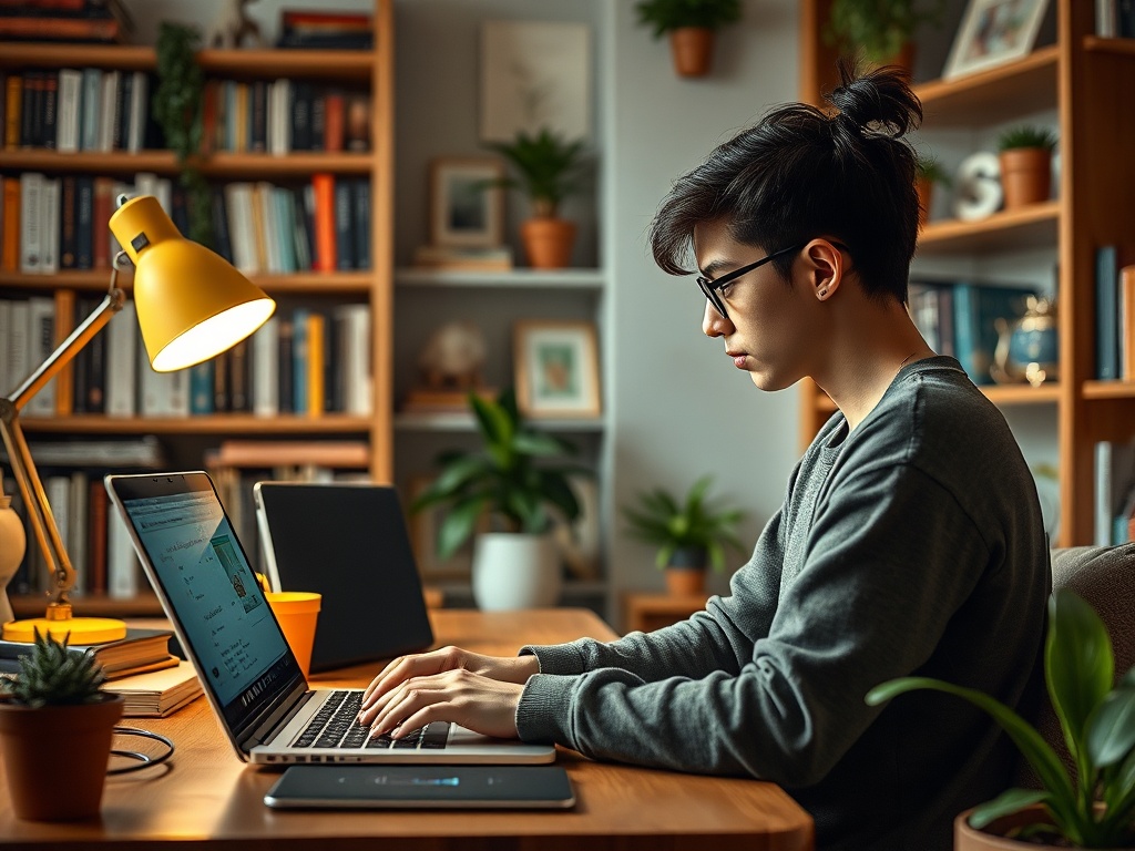 Молодой человек работает за ноутбуком в уютном офисе с растениями и книгами на фоне.