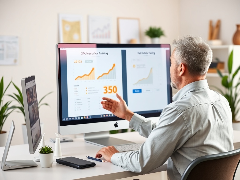 Пожилой мужчина сидит за столом и просматривает графики на компьютере, обсуждая данные обучения.