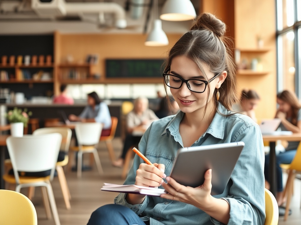 Молодая женщина в очках, пишущая в блокноте, сидя с планшетом в кафе, окружают другие посетители.