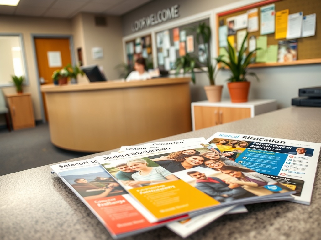 На основе изображения: стойка регистрации с информационными буклетами на столе и растениями в фоновом режиме.