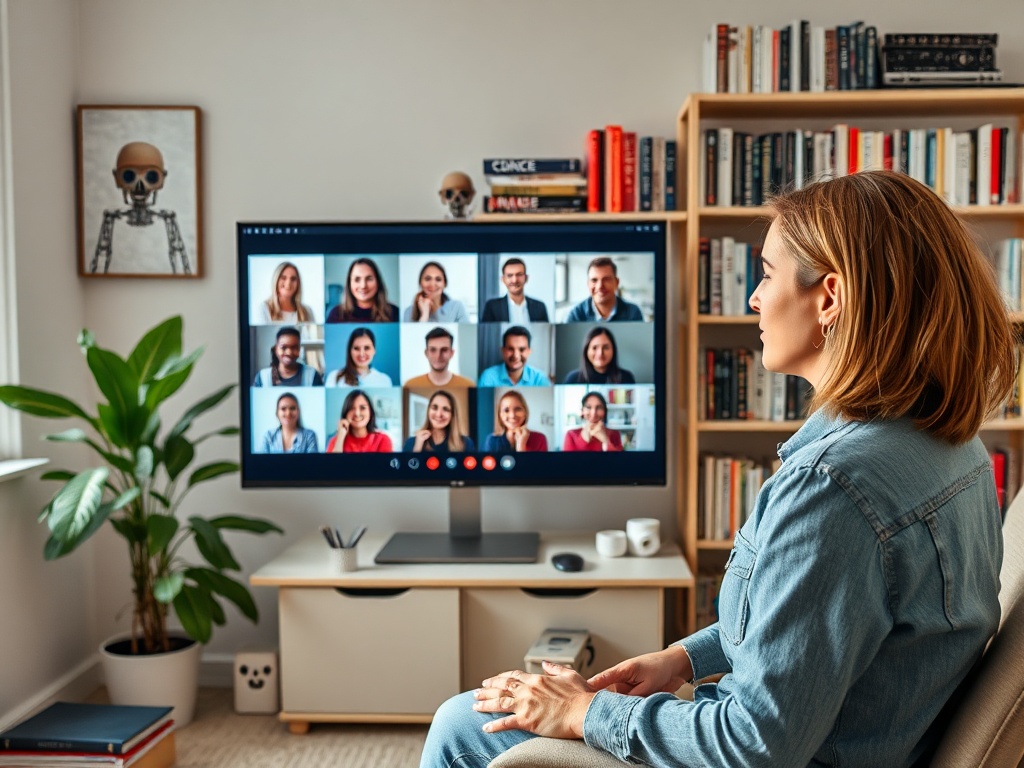 Женщина сидит перед телевизором с видеозвонком, на экране — лица нескольких людей. В комнате много книг.