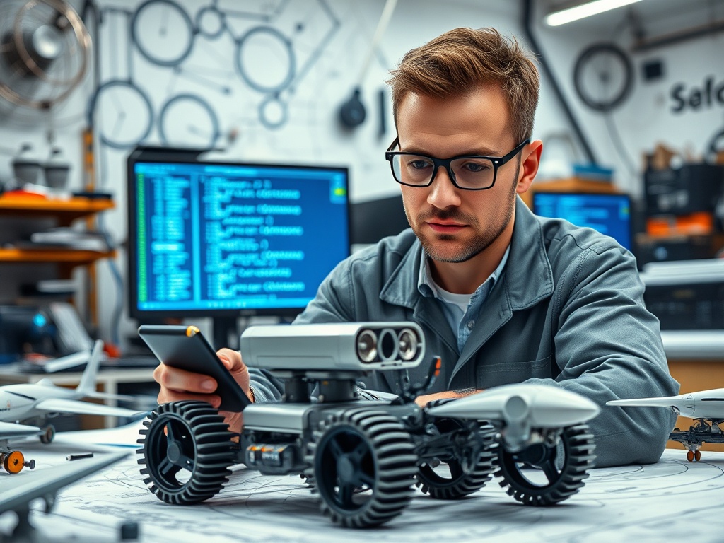 Мужчина в очках работает с роботом и смартфоном в технологической лаборатории. На экране коды.