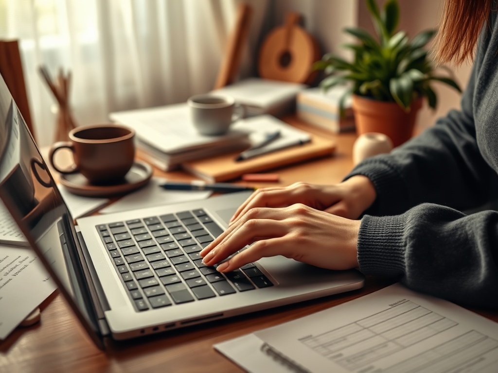 На столе находятся ноутбук, чашка кофе и канцелярские принадлежности. Человек печатает на клавиатуре.
