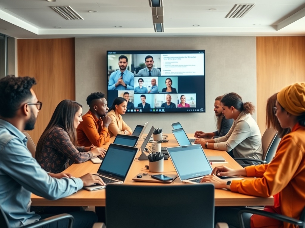 Команда проводит видеоконференцию в современном офисе, участники сосредоточены на обсуждении.